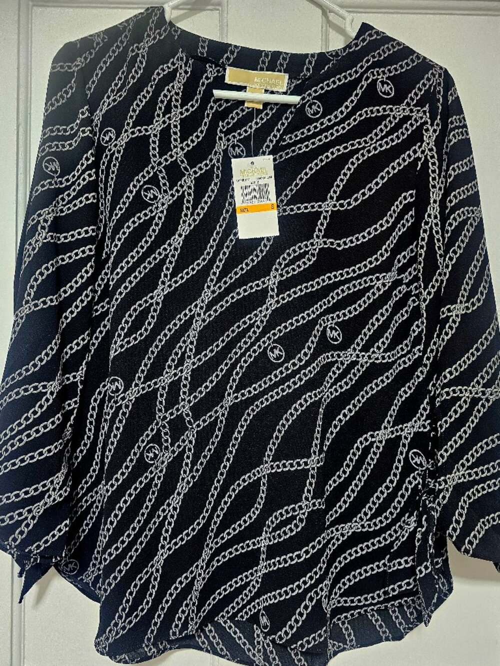 Michael Kors Chain Print Round Neck Tie Accent 3/4 Sleeve Blouse